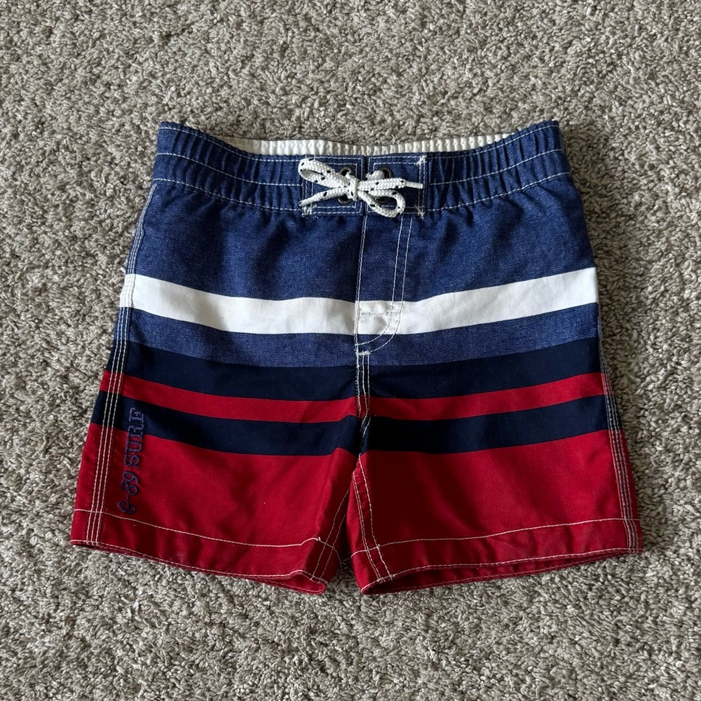 Toddler Boys Gap red white blue striped Swim Trunks board shorts sz 18-24 months